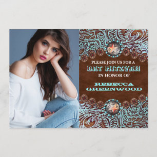 turquoise brown western country BAT MITZVAH Invitation