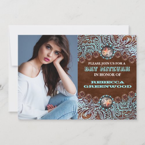 turquoise brown western country BAT MITZVAH Invitation