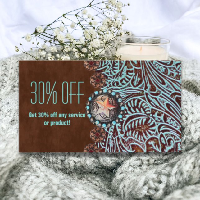 turquoise brown western country tooled leather business card (turquoise brown western country tooled leather business card)