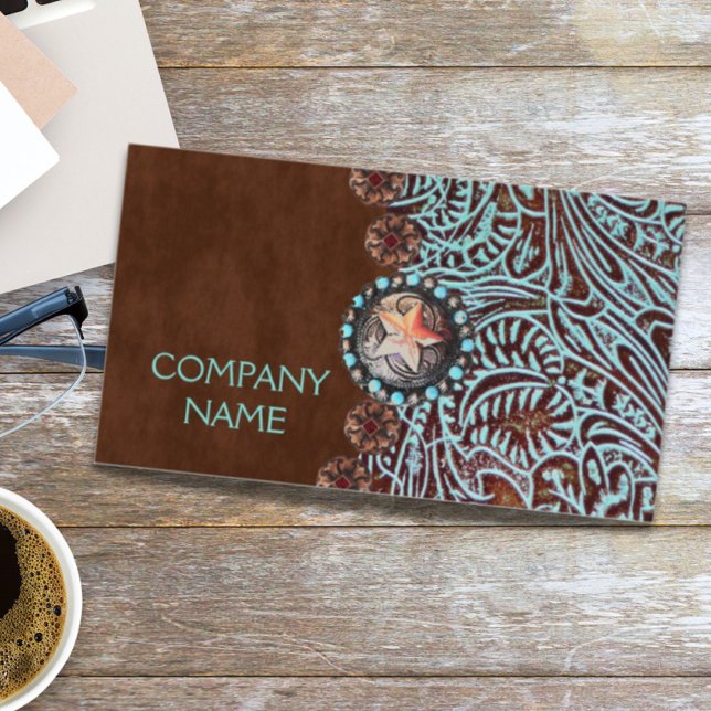 turquoise brown western country tooled leather business card (turquoise brown western country tooled leather business card)