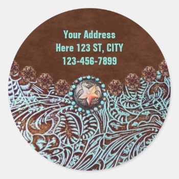 Turquoise Brown Western Country Tooled Leather Classic Round Sticker by businesscardsdepot at Zazzle