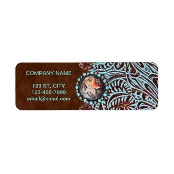Turquoise Brown Western Country Tooled Leather Label by businesscardsdepot at Zazzle