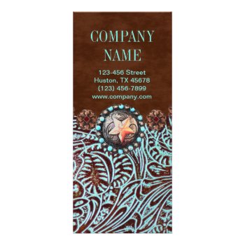 Turquoise Brown Western Country Tooled Leather Rack Card by businesscardsdepot at Zazzle