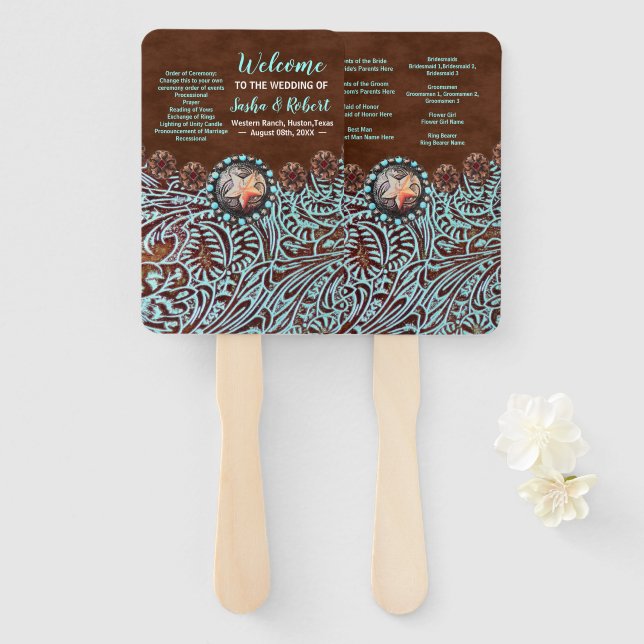 turquoise brown western country wedding programs hand fan (Front and Back)