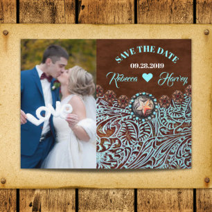turquoise brown western wedding save the date announcement postcard