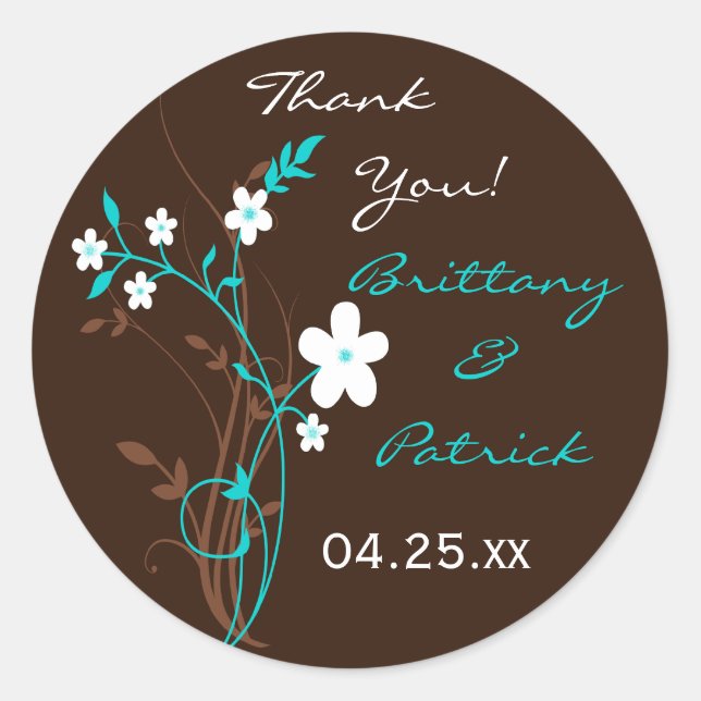 Turquoise Brown White Floral 1.5" Wedding Sticker (Front)
