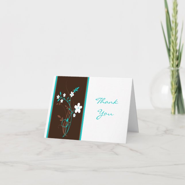Turquoise, Brown, White Floral Thank You Card (Front)
