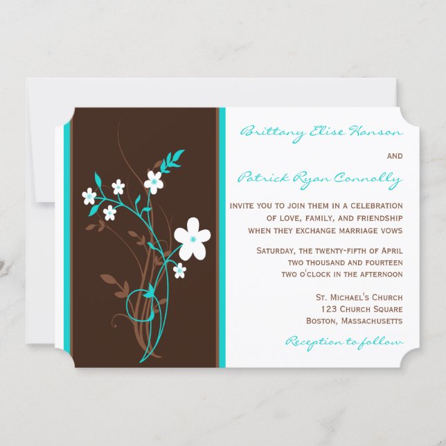 Turquoise, Brown, White Floral Wedding Invitation (Front)