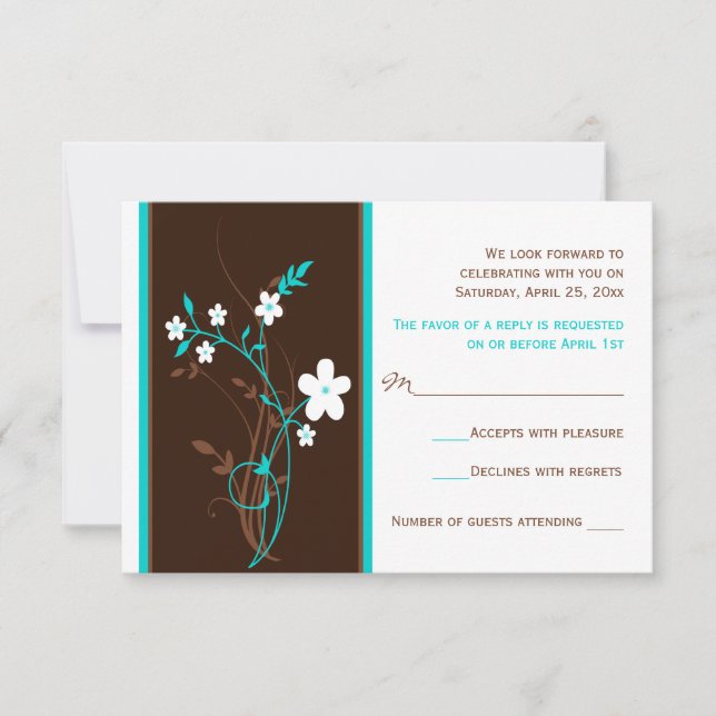 Turquoise, Brown, White Floral Wedding RSVP Card (Front)