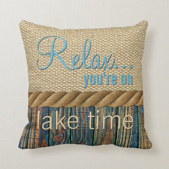 Turquoise Brown Wood Look Faux Burlap Pattern Throw Pillow
