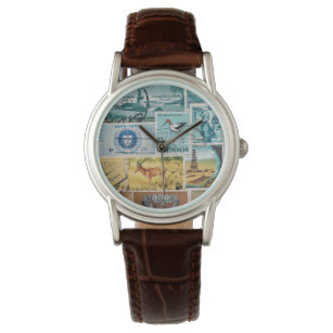 Turquoise Brown Wristwatch, Postage Stamp Art Watch