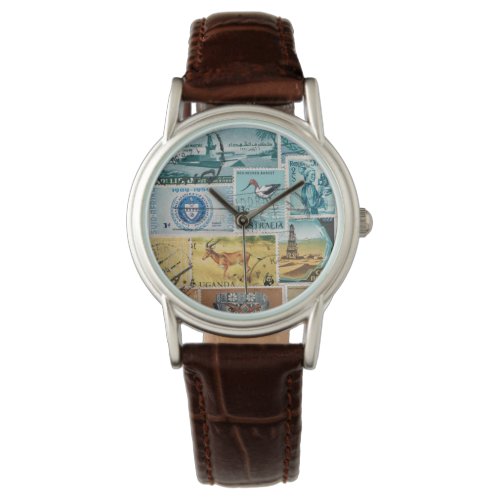 Turquoise Brown Wristwatch Postage Stamp Art Watch