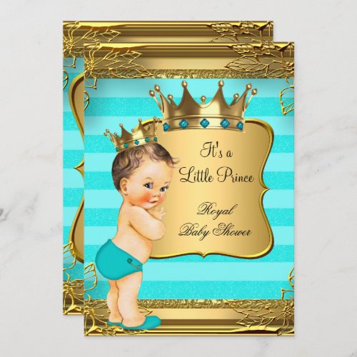 Turquoise Brunette Baby Shower Prince Baby Boy Invitation