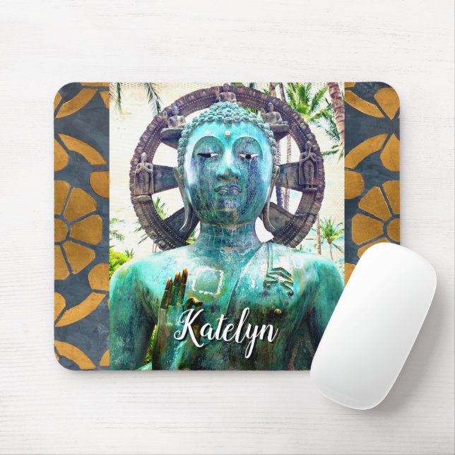 Turquoise Buddha Antique Gold Mosaic Photo Name Mouse Pad (With Mouse)
