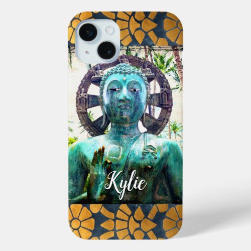 Turquoise Buddha Blue Gold Mosaic Tile Custom Name iPhone 15 Plus Case