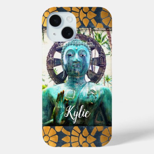 Turquoise Buddha Gold Blue Mosaic Tile Custom Name iPhone 15 Case