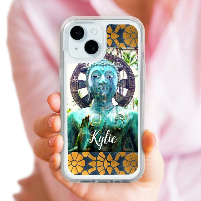Turquoise Buddha Gold Blue Mosaic Tile Custom Name iPhone 15 Case (Creator Uploaded)