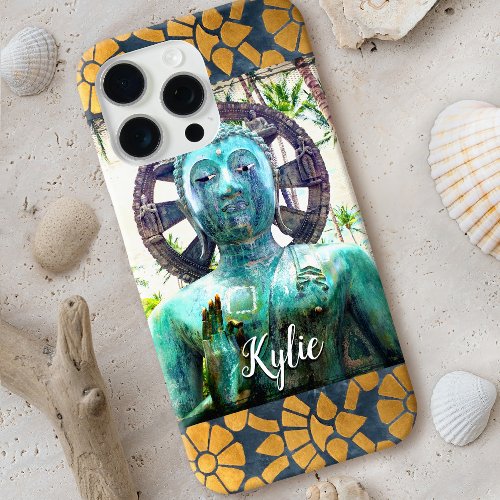 Turquoise Buddha Gold Blue Mosaic Tile Name Bold iPhone 15 Pro Max Case