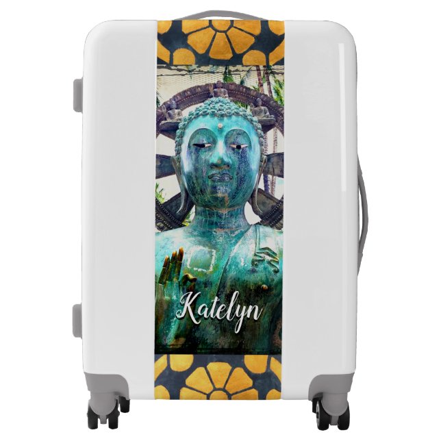 Turquoise Buddha Gold Mosaic Photo Script Name Luggage (Front)
