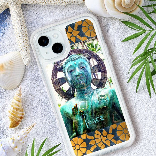 Turquoise Buddha Photo Gold Blue Mosaic Peace  iPhone 15 Plus Case (Creator Uploaded)