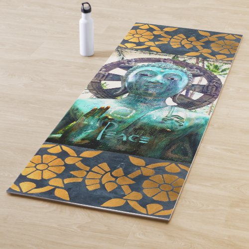 Turquoise Buddha Photo Gold Mosaic Peace Script Yoga Mat