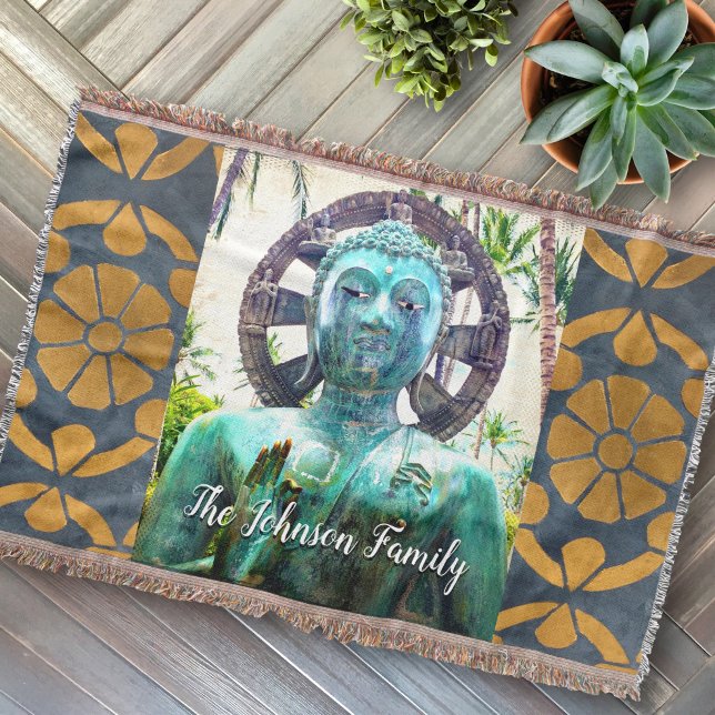Turquoise Buddha Statue Photo Peace Quote Name Throw Blanket (Creator Uploaded)