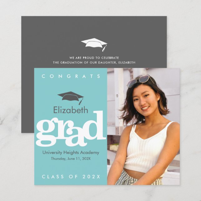 Turquoise Budget Photo Graduation Cap Bold Invite (Front/Back)