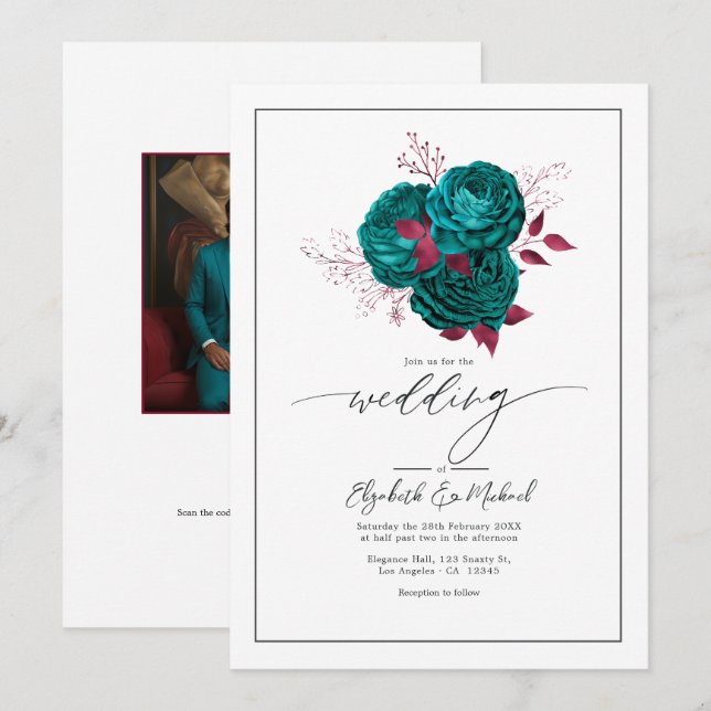 Turquoise & Burgundy Floral Wedding Photo QR Code Invitation (Front/Back)