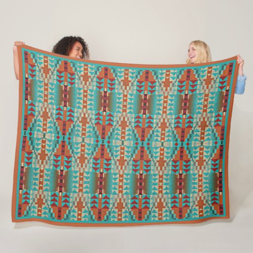Turquoise Burnt Orange Brown Mosaic Art Pattern Fleece Blanket