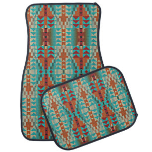Turquoise Burnt Orange Brown Mosaic Pattern Car Floor Mat