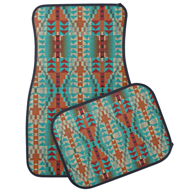 Turquoise Burnt Orange Brown Mosaic Pattern Car Floor Mat (Set)