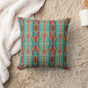 Turquoise Burnt Orange Brown Mosaic Pattern Throw Pillow