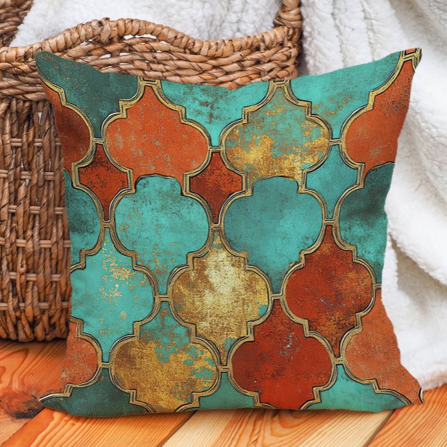 Turquoise Burnt Orange Moroccan Quatrefoil Throw Pillow (Turquoise and burnt orange pillow)