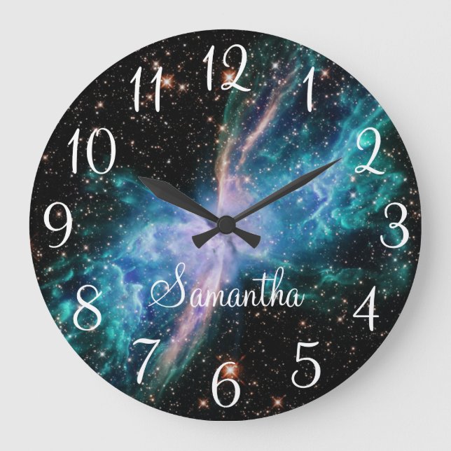 Turquoise Butterfly Nebula Celestial Photo Large Clock (Front)