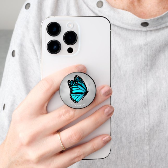 turquoise butterfly on gray or ANY color PopSocket (Hand)