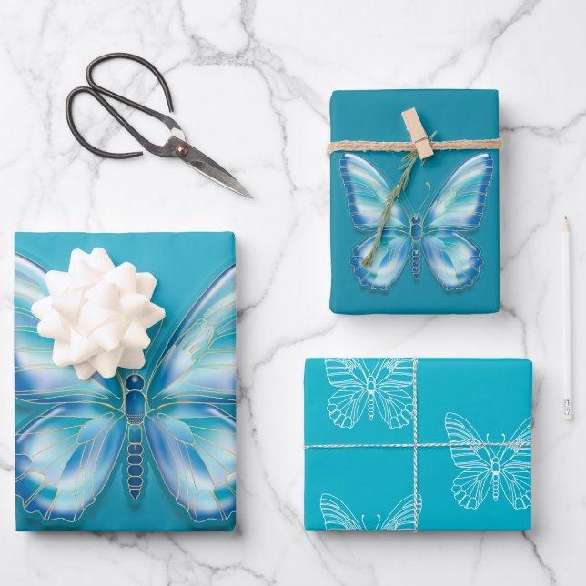 Turquoise Butterfly Wrapping Paper Sheets (Front)