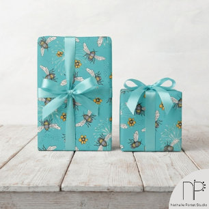 Turquoise Buzzing Spring Summer Honeybee Wrapping  Paper
