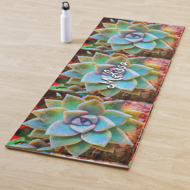 Turquoise cactus photography custom name stylish yoga mat (In Situ)