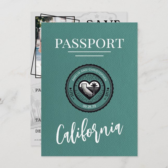 Turquoise California Passport Save The Date (Front/Back)
