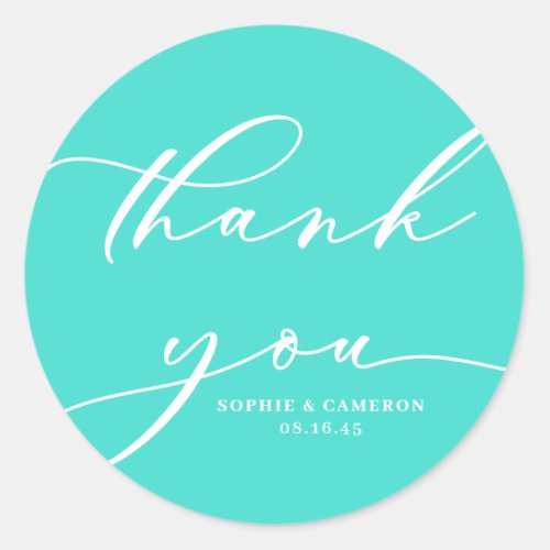 Turquoise Calligraphy Wedding Thank You Classic Round Sticker