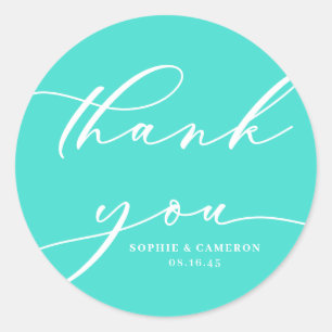 Turquoise Calligraphy Wedding Thank You Classic Round Sticker