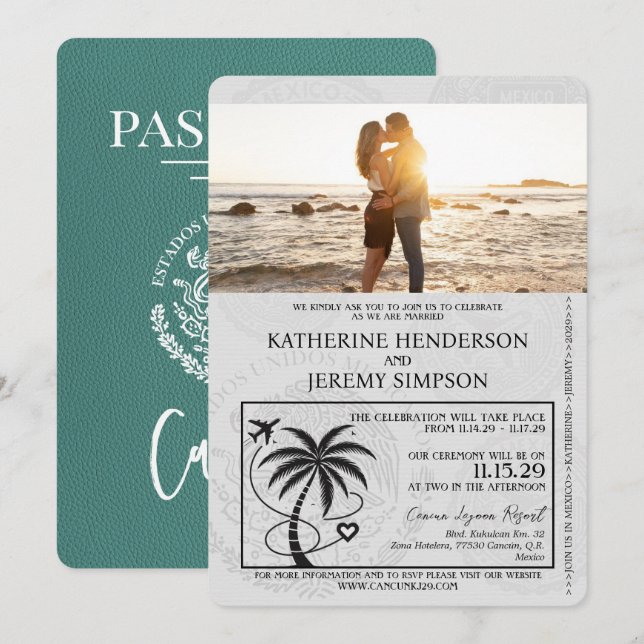 Turquoise Cancun Passport Wedding Invitation (Front/Back)
