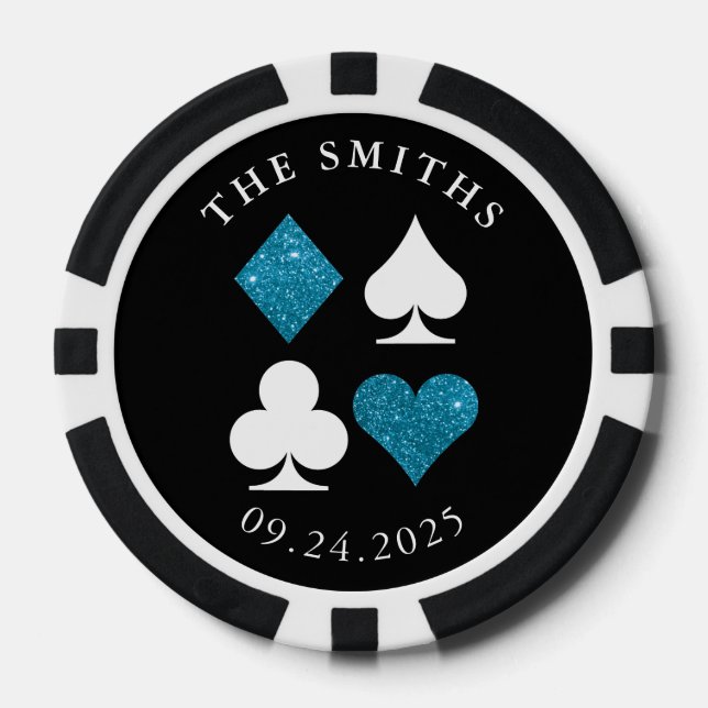 Turquoise Card Suits Wedding Date and Name Favor Poker Chips (Front)