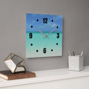 TURQUOISE CARIBBEAN SEA BENEATH BLUE SKY SQUARE WALL CLOCK