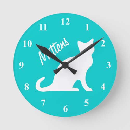 Turquoise cat clock with personalizable pet name