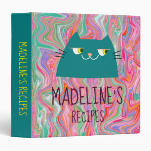 Turquoise Cat Portrait and Pink Pattern Recipes 3 Ring Binder