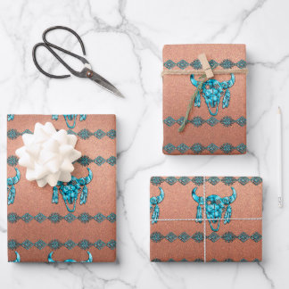 Turquoise Ceremonial Buffalo Skull Wrapping Paper Sheets