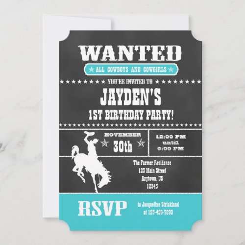 Turquoise Chalkboard Cowboy Birthday Invitation