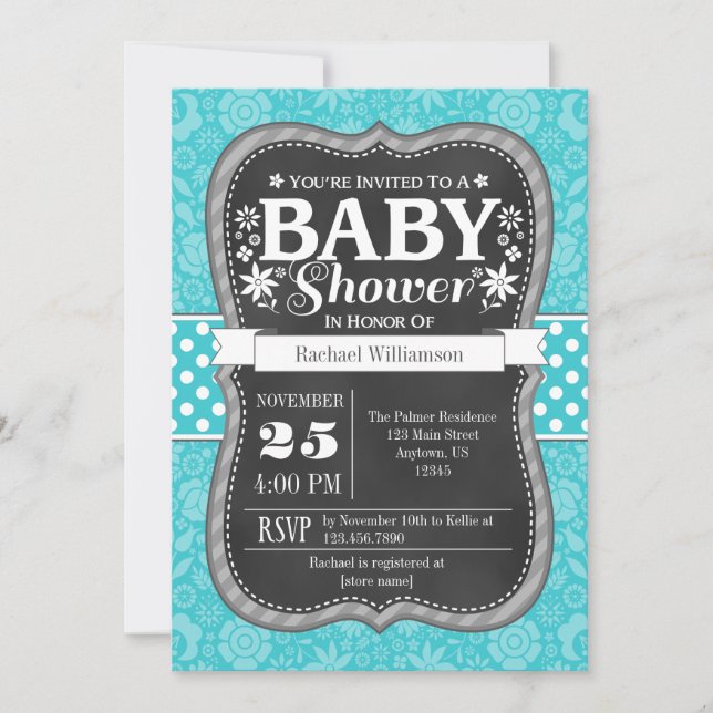 Turquoise Chalkboard Floral Baby Shower Invite (Front)