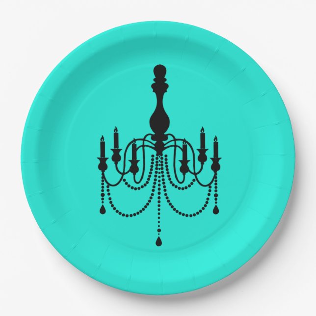 Turquoise chandelier print paper plates (Front)